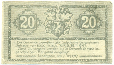 20 геллеров 1919 года Австрия — Лозенштайн (Нотгельд)
