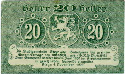 20 геллеров 1919 года Австрия — Штайр (Нотгельд)