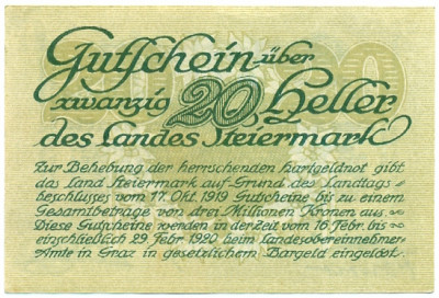 20 геллеров 1919 года Австрия — Штирия (Нотгельд)