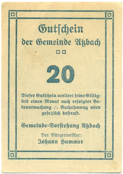 20 геллеров 1920 года Австрия — Ацбах (Нотгельд)