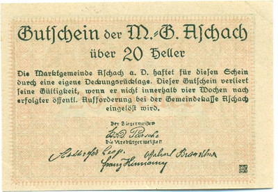 20 геллеров 1920 года Австрия — Ашах-ан-дер-Донау (Нотгельд)
