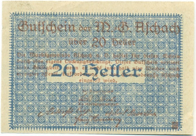 20 геллеров 1920 года Австрия — Ашах-ан-дер-Донау (Нотгельд)