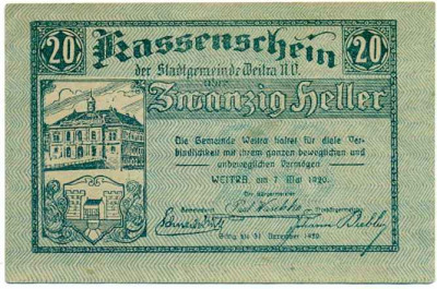 20 геллеров 1920 года Австрия — Вайтра (Нотгельд)