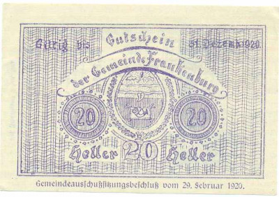 20 геллеров 1920 года Австрия — Векклабрук (Нотгельд)