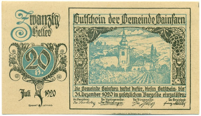 20 геллеров 1920 года Австрия — Гейнфарн (Нотгельд)