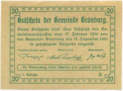 20 геллеров 1920 года Австрия — Грюнбург (Нотгельд)