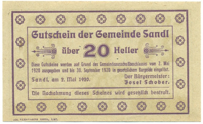 20 геллеров 1920 года Австрия — Зандль (Нотгельд)