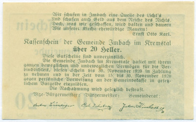 20 геллеров 1920 года Австрия — Имбах (Нотгельд)