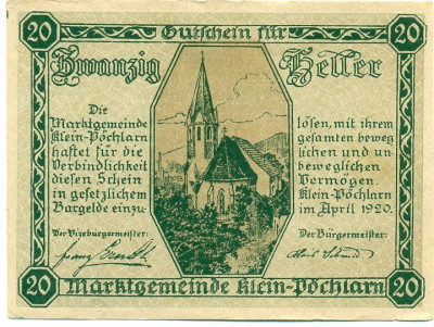 20 геллеров 1920 года Австрия — Клайн-Пехларн (Нотгельд)