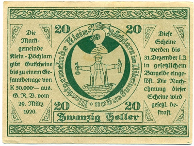 20 геллеров 1920 года Австрия — Клайн-Пехларн (Нотгельд)