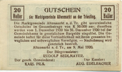 20 геллеров 1920 года Австрия — Коммуна Альтенмаркт (Нотгельд)