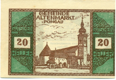 20 геллеров 1920 года Австрия — Коммуна Альтенмаркт (Нотгельд)