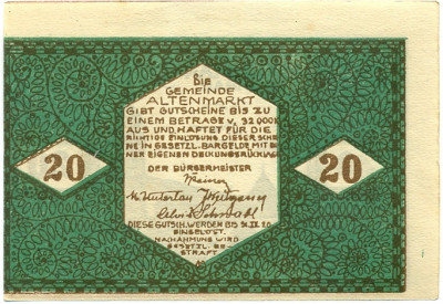 20 геллеров 1920 года Австрия — Коммуна Альтенмаркт (Нотгельд)