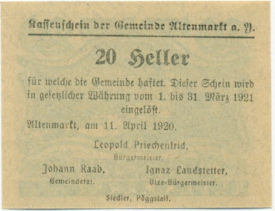 20 геллеров 1920 года Австрия — Коммуна Альтенмаркт-ан-дер-Тристинг (Нотгельд)