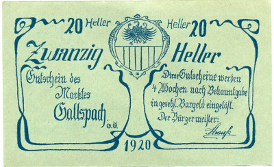 20 геллеров 1920 года Австрия — Коммуна Гальспах (Нотгельд)