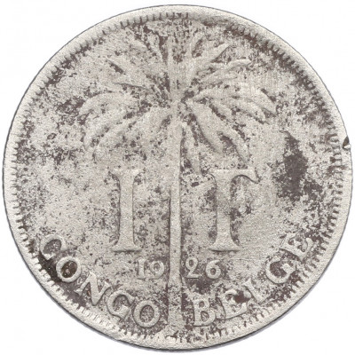 1 франк 1926 года Бельгийское Конго — легенда на французском (CONGO BELGE / DES BELGES)